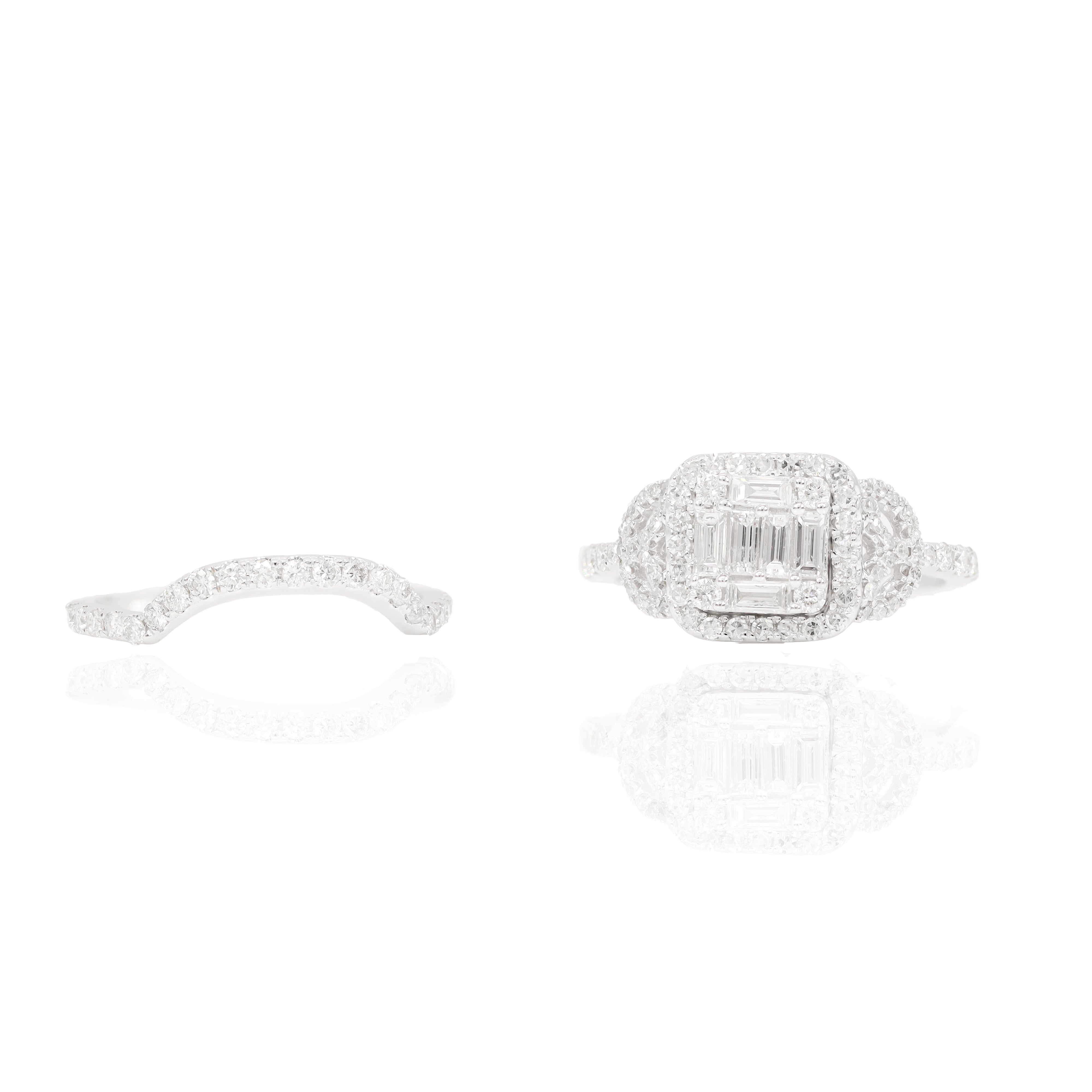 Baguette Center w/ Round Halo Diamond Engagement Ring & Band w/ Half Cuts on Side