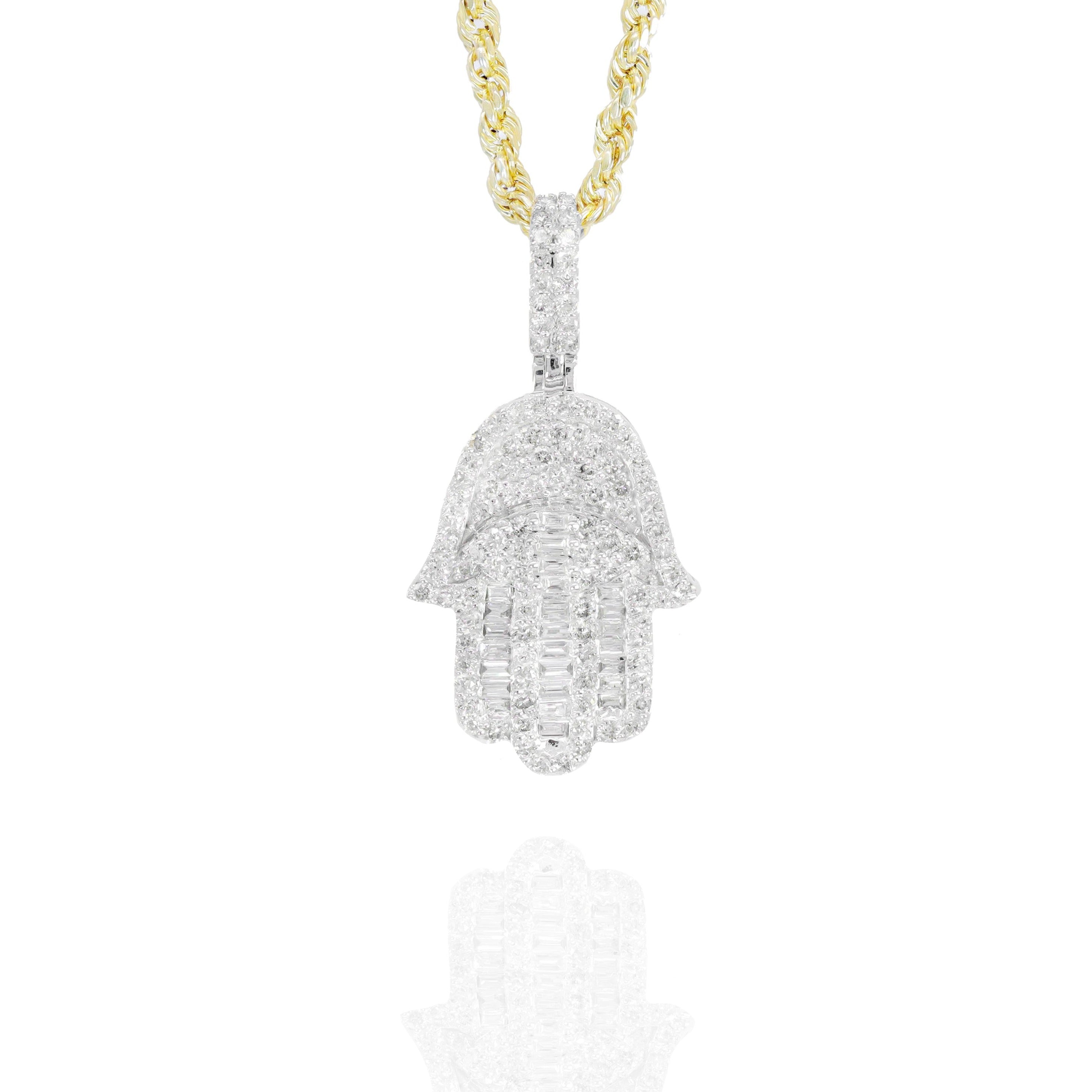 Hamza Hand with Evil Eye Baguette Diamond Pendant