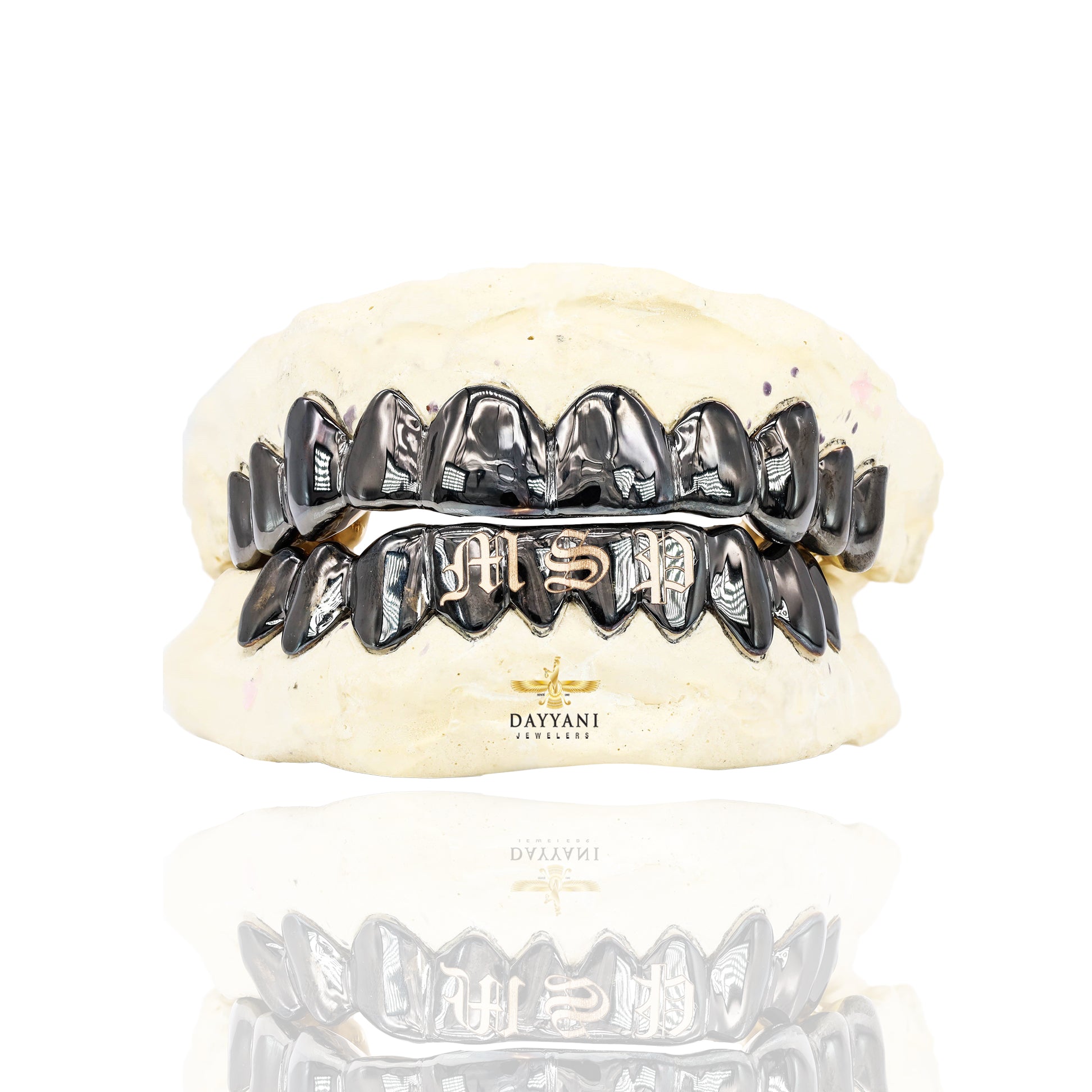 Custom Word/Name Laser Engraving Gold Grillz with Black Rhodium