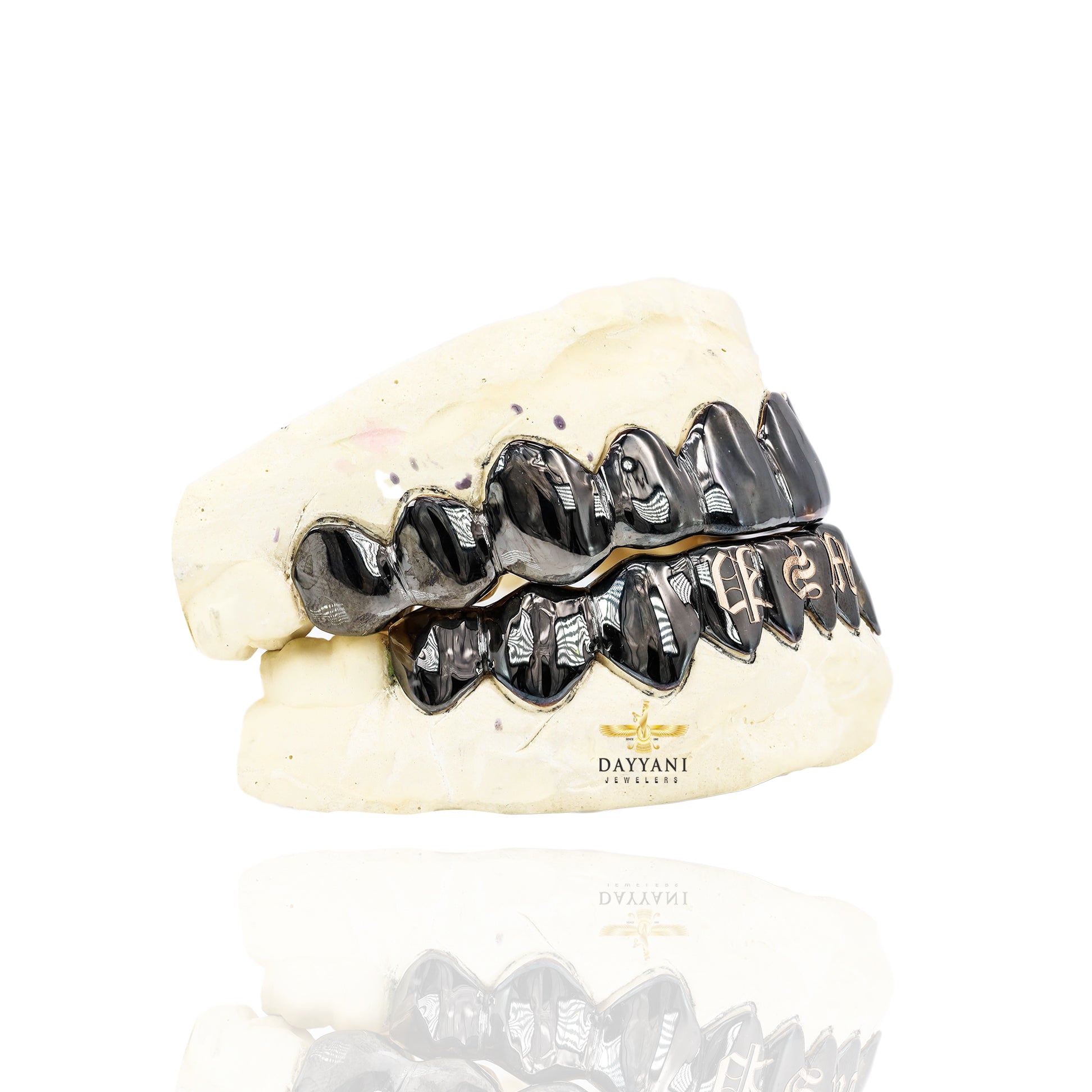 Custom Word/Name Laser Engraving Gold Grillz with Black Rhodium